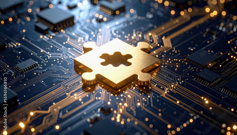 Poster a close-up of a golden puzzle piece set against a backdrop of intricate circuit patterns, symbolizin