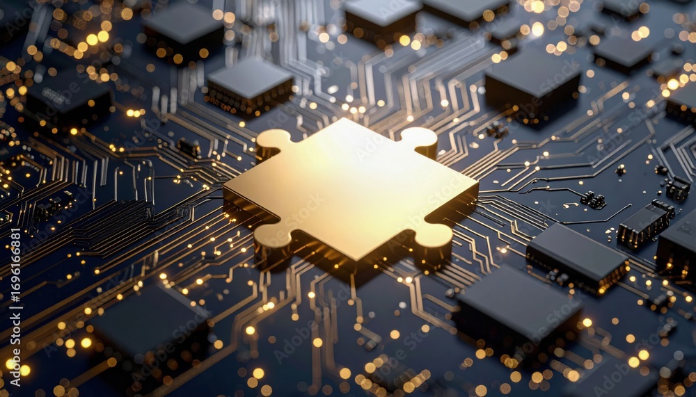Poster a close-up image of a golden puzzle piece on a circuit board, symbolizing technology, connectivity, 