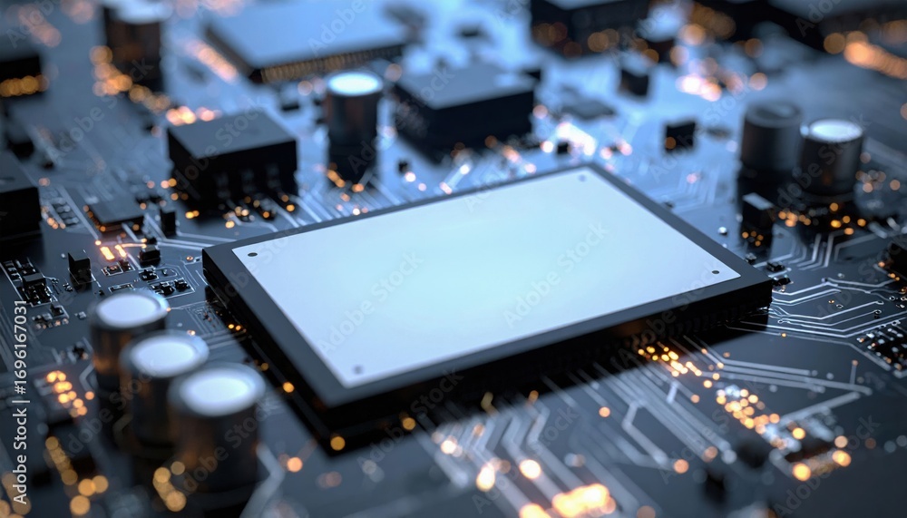 Poster a close-up of a circuit board, showcasing intricate pathways and components, highlighting technology