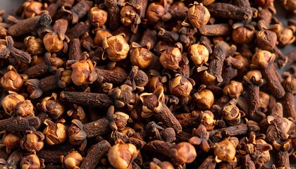 Obraz premium Close-up view of many aromatic dried spices, revealing small, dark brown buds with flower-like heads, scattered on a surface. Detailed macro shot