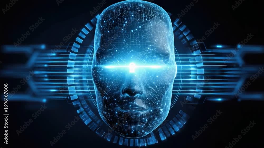 Poster a futuristic digital face composed of blue particles, representing advanced ai and technology. it sy