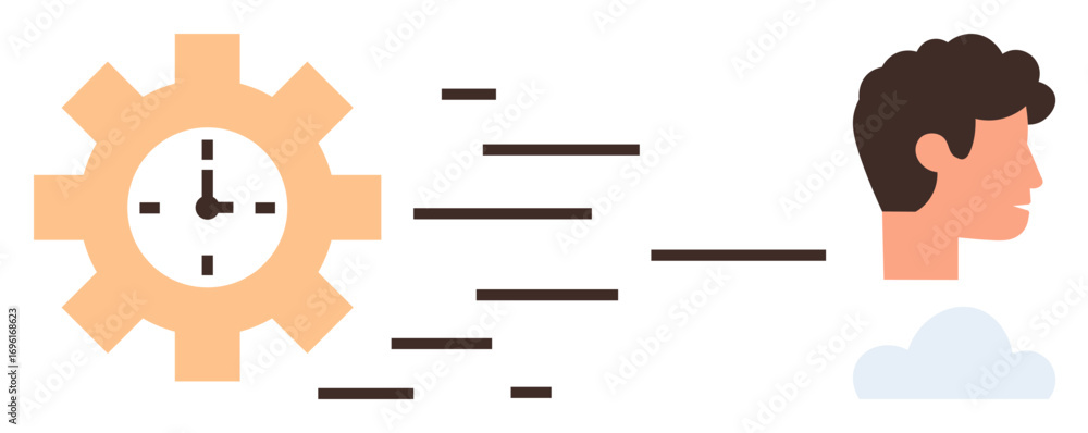 Poster gear-shaped clock and human profile connected by motion lines, representing time flow and productivi