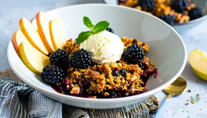 Apple blackberry crumble topped with ice cream