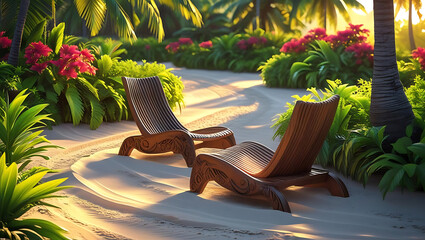 Two wooden lounge chairs on a sunny garden path with lush greenery and vibrant flowers