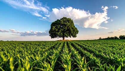 A lone tree stands sentinel over a vibrant cornfield under a vast, partly cloudy sky
