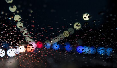 Out-of-focus city lights glow through a rain-streaked window on a dark night, creating a beautiful bokeh effect.