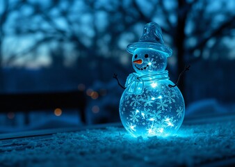 A charming illuminated snowman decoration, adorned with snowflakes and glowing blue, sits on fresh snow during a winter evening.