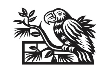 Black Parrot Silhouette on Branch with Leaves on White Background