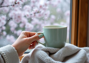 A hand holds a pale green mug near a window, a soft knit sweater draped below. Rain falls outside, blooming pink flowers visible through the glass. A cozy spring scene.