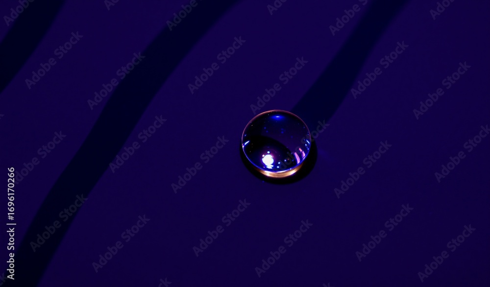 Poster a single, reflective water droplet rests on a deep blue, subtly textured surface. dark lines interse
