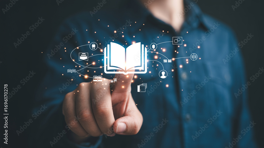 Aufkleber digital education online learning e learning courses and knowledge resources with open book icon con