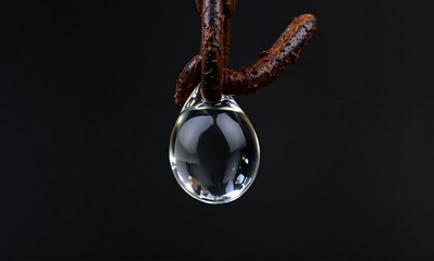 A pristine, spherical water droplet delicately hangs from a heavily rusted metal piece against a stark, black backdrop.