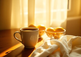 Warm sunlight streams through sheer curtains, illuminating a wooden table. A white mug of tea sits beside a glass bowl of lemons, a soft cloth draped nearby. The scene evokes tranquility and warmth.