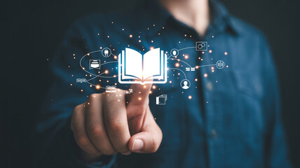 Digital education online learning e learning courses and knowledge resources with open book icon concept