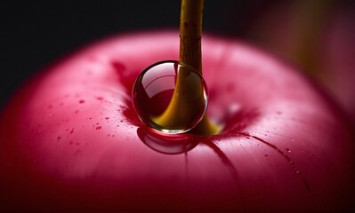 A golden liquid droplet rests perfectly on a vibrant, glossy red surface, with a stream of liquid flowing above.