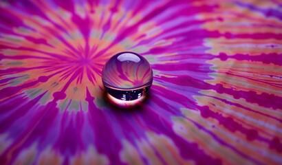 A perfectly clear water drop rests on a vibrant tie-dye fabric, refracting the swirling pink and orange patterns beneath it.