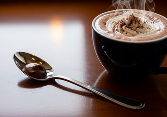 Delicious steaming hot chocolate with whipped cream and chocolate spoon