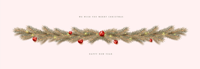 Merry Christmas and happy new year banner card with pine garland red baubles and festive lights on soft background for holiday greeting and decoration