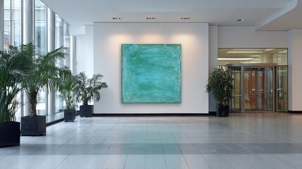 Teal abstract art in modern lobby