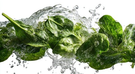Fresh spinach leaves in water splash