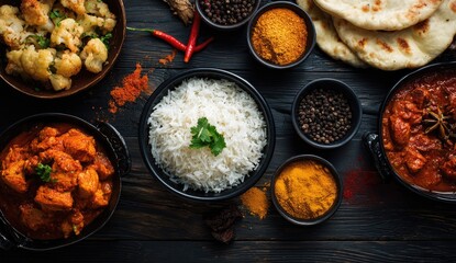 Indian cuisine assortment on a dark wooden table