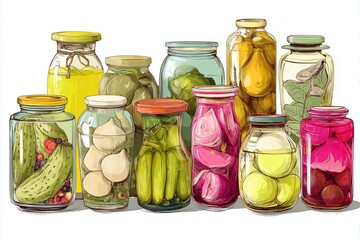 illustration of Various pickled foods in jars isolated on a white background
