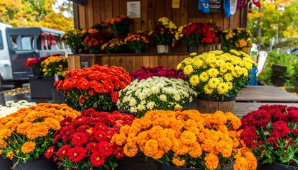 Fall flowers in wooden display stand. Colorful chrysanthemum bouquets in various shades of red, orange, yellow, and white