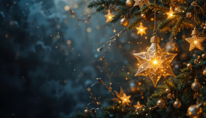 Christmas tree decorations with glowing stars and ornaments create magical atmosphere