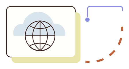Globe inside a cloud symbolizes global connectivity with dashed lines and nodes illustrating data transfer. Ideal for technology, innovation, cloud storage, global network, data sharing, digital