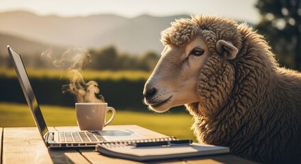 Funny sheep using laptop outdoors with coffee and notebook, embodying rural entrepreneurship and remote work lifestyle beautifully