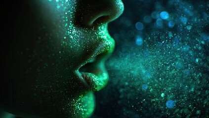 Obraz premium Close-up of a person's face with shimmering green glitter