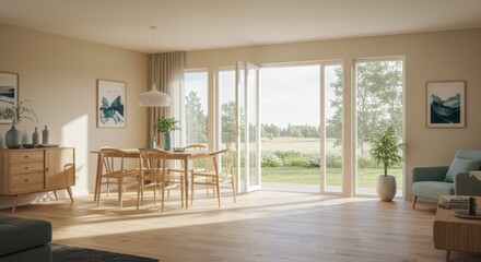Fototapeta premium Bright and Airy Modern Dining Room with Open Doors Leading to a Scenic Outdoor View