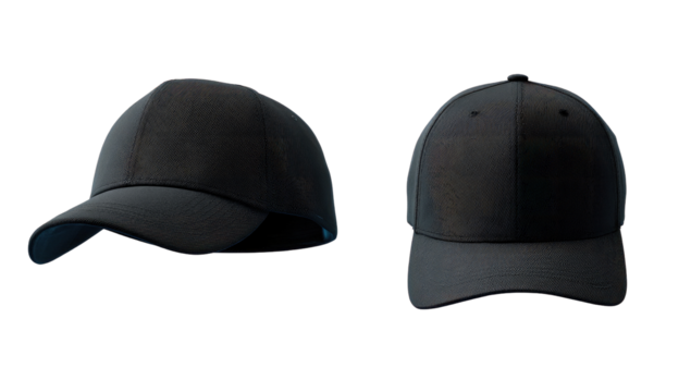 Two dark gray baseball caps, angled views