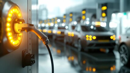 Electric car charging station with vehicles lined up