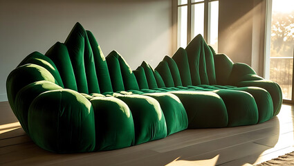 Green mountain-shaped designer sofa placed by window with warm sunlight streaming through