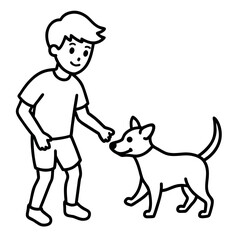Black and white line art illustration of a boy playing with a dog