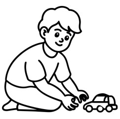 Black and white line art of a young boy playing with toy cars