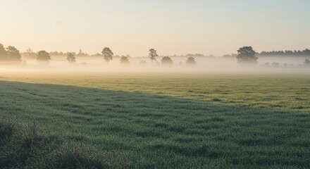 Misty morning sunrise over green agricultural fields in the countryside, with a soft glow filtering through the fog
