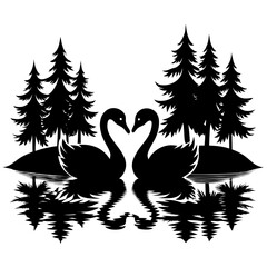 Fototapeta premium Swans on Water Silhouette Vector