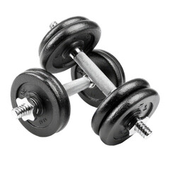Naklejka premium Pair of black iron dumbbells resting on a white background, showing the metal discs and bar