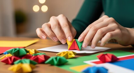 Woman creating colorful origami paper crafts at home, hands close up