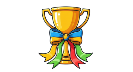 Golden champion cup trophy with blue and yellow ribbon bow on white background