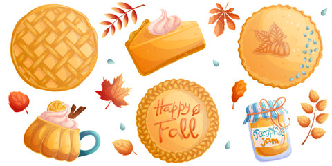 A set of autumn sweets and pastries on a white background. The concept of autumn and harvest. Isolated vector illustration for the design of postcards, clothing, textiles, banners and posters.