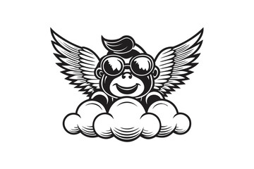 Cartoon Flying Monkey with Wings Wearing Goggles Sitting on Cloud Design