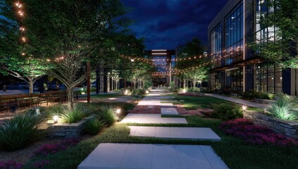 Fototapeta premium Night view of a landscaped urban walkway. A modern, illuminated space