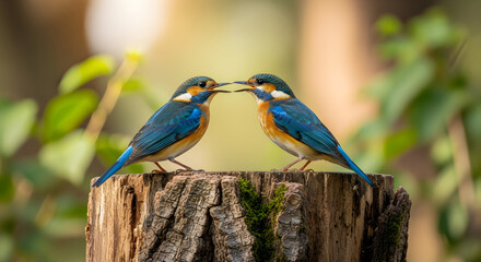 Obraz premium Two vibrant rufous vented blue flycatchers perched on a mossy tree stump in a forest