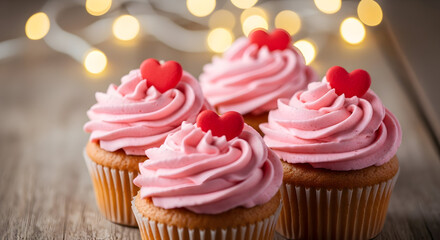 Delightful cupcakes with pink frosting and heart toppers illuminated by soft bokeh lights for a