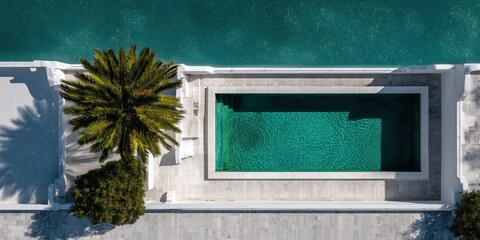 Luxury Poolside Oasis: An inviting pool shimmers with turquoise hues, framed by pristine architecture and a palm tree under the bright sunshine, promising a tranquil and refreshing escape.