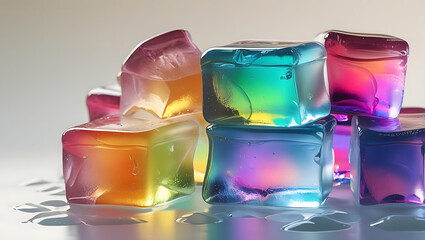 Rainbow-colored ice cubes stacked together in creative vibrant arrangement