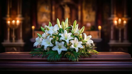 White lilies placed on a coffin, symbolizing purity, remembrance, and mourning during funeral 